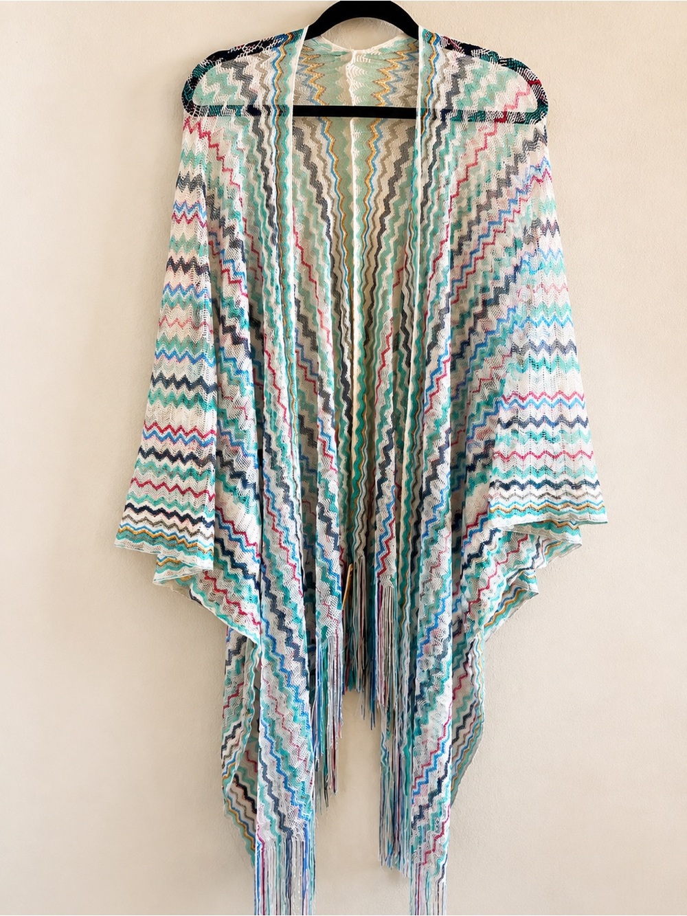 Fringed Multicolor Chevron Knit Shawl Cape - Pastel Stripe
